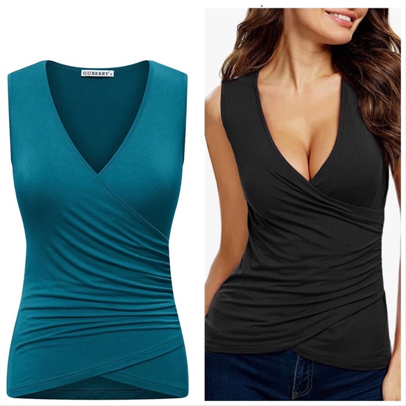 GUBERRY Women's Deep V Neck Sleeveless Unique Cross Wrap Sexy Slim Fit Tops ๐ - Picture 1 of 7